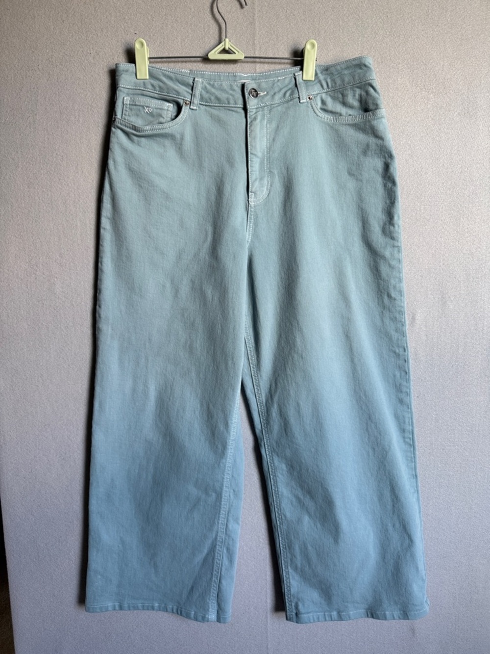 Frances Valentine Ace Stretch Straight Wide Leg Jeans Sz 12 XO Pocket Light Blue